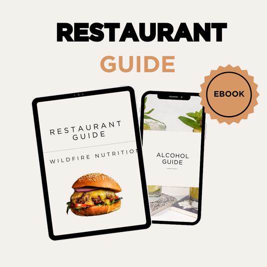 Restaurant guide eBook on a digital device, featuring the brand 'Wildfire Nutrition'.