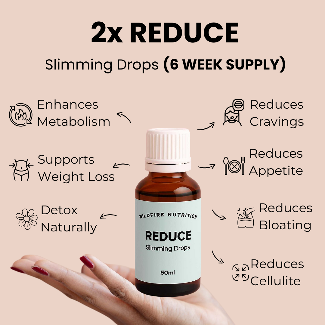 Slimming drops bottle held in hand with benefits listed on a beige background