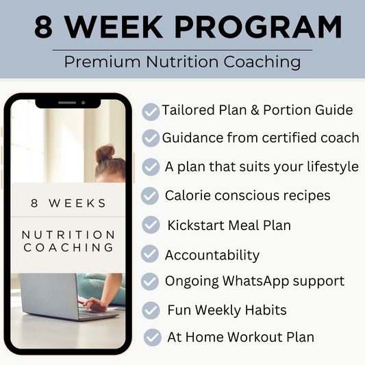 8-week nutrition coaching program with features listed on a white background