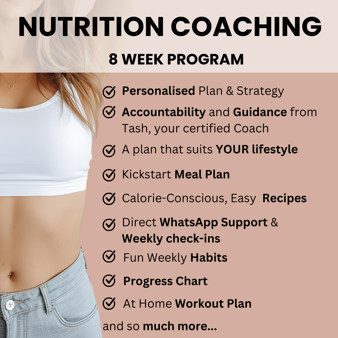 Nutrition coaching program details with a woman in a white sports bra and blue jeans. Wildfire nutrition coaching