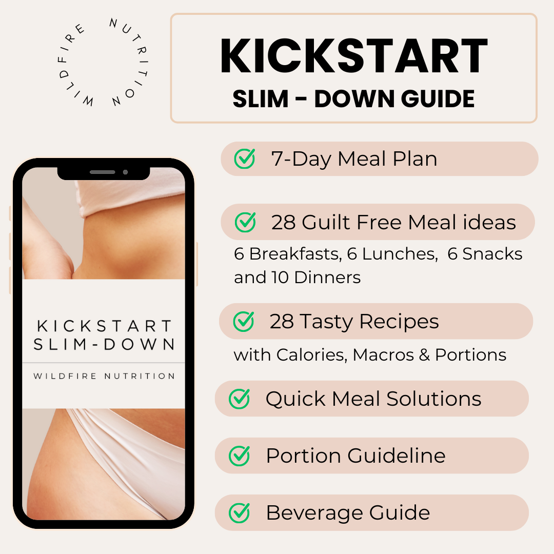 Promotional graphic for 'Kickstart Slim-Down' meal plan guide by Wildfire Nutrition.