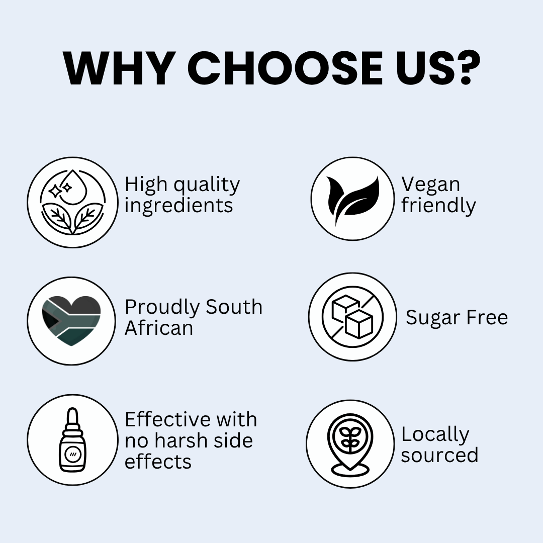 List of reasons to choose a product, including high quality ingredients, vegan friendly, proudly South African, sugar free, effective with no harsh side effects, and locally sourced.