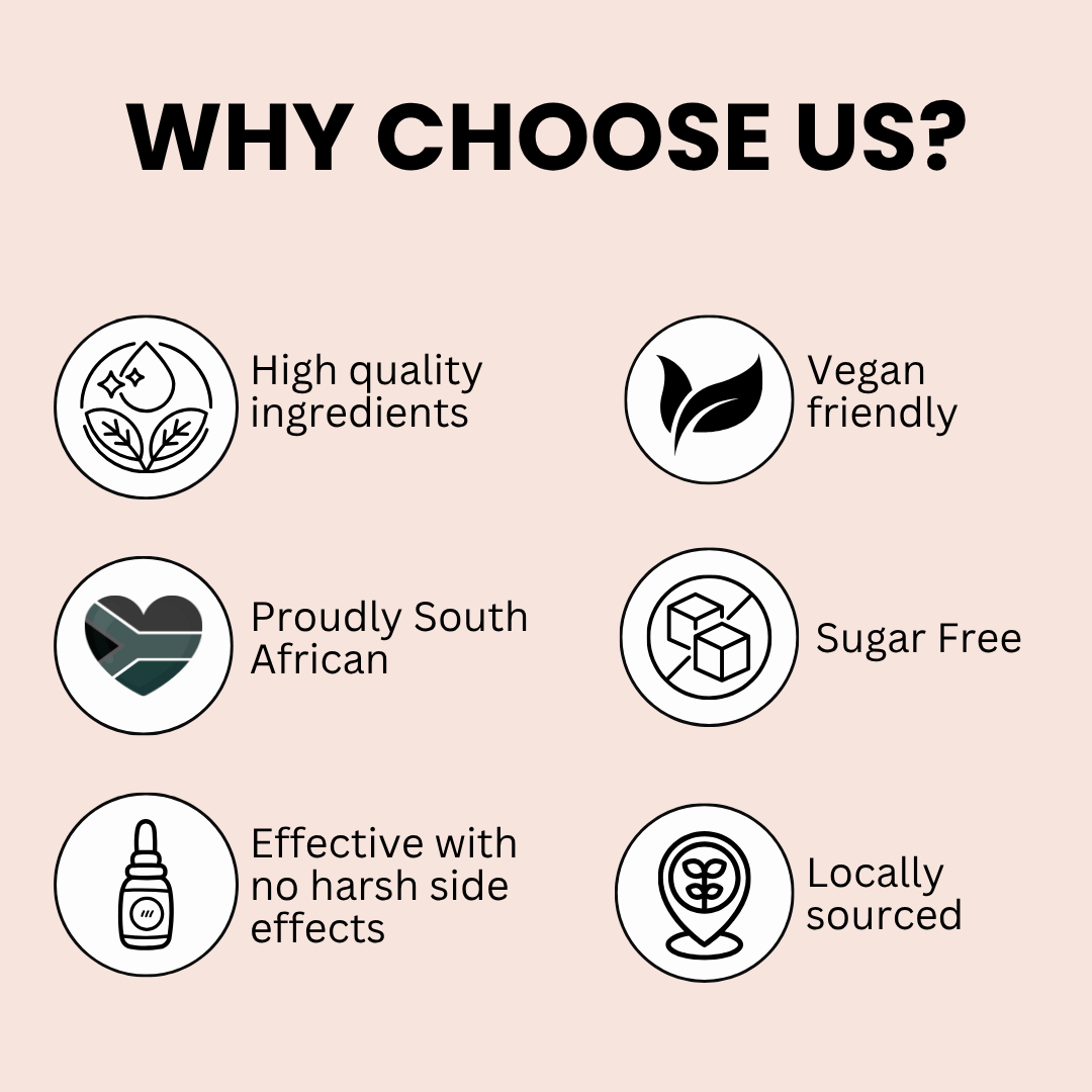 List of reasons to choose a product or brand, including high quality ingredients, vegan friendly, proudly South African, sugar free, effective with no harsh side effects, and locally sourced.