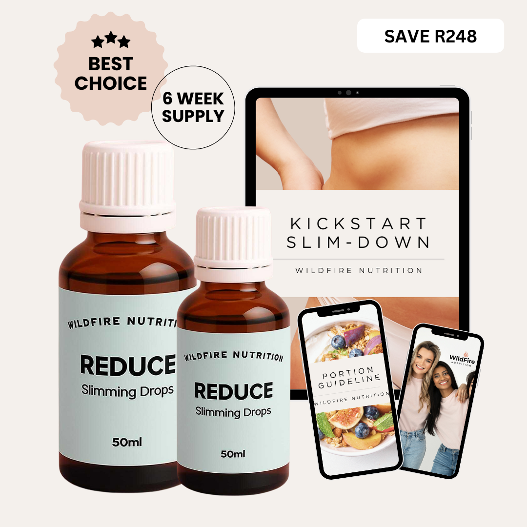 Two bottles of Wildfire Nutrition Reduce Slimming Drops 50ml with promotional text and images on a light background.