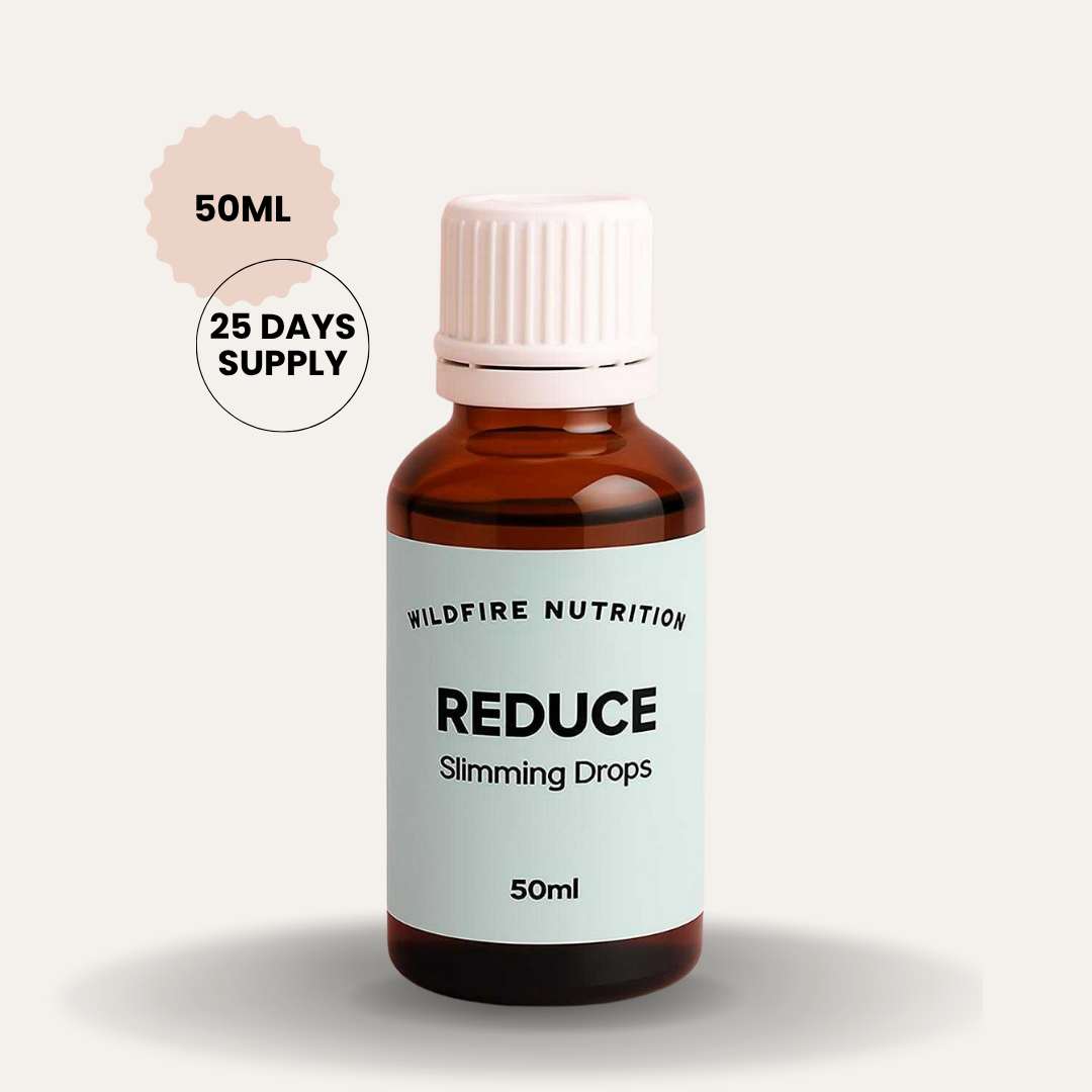 Bottle of Wildfire Nutrition Reduce Slimming Drops 50ml on a light gray background