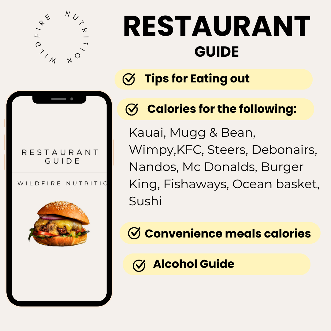 Restaurant guide with smartphone displaying app interface and list of restaurants with calorie information.