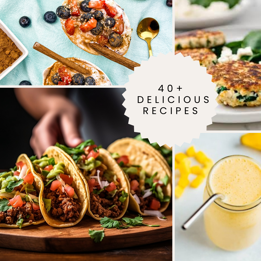 Collage of food images with text overlay '40+ Delicious Recipes'.