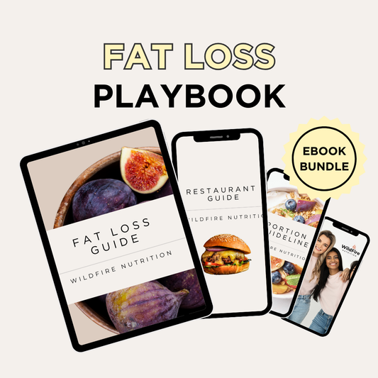 Ebook bundle for fat loss with smartphone screens displaying different parts of the bundle on a white background.