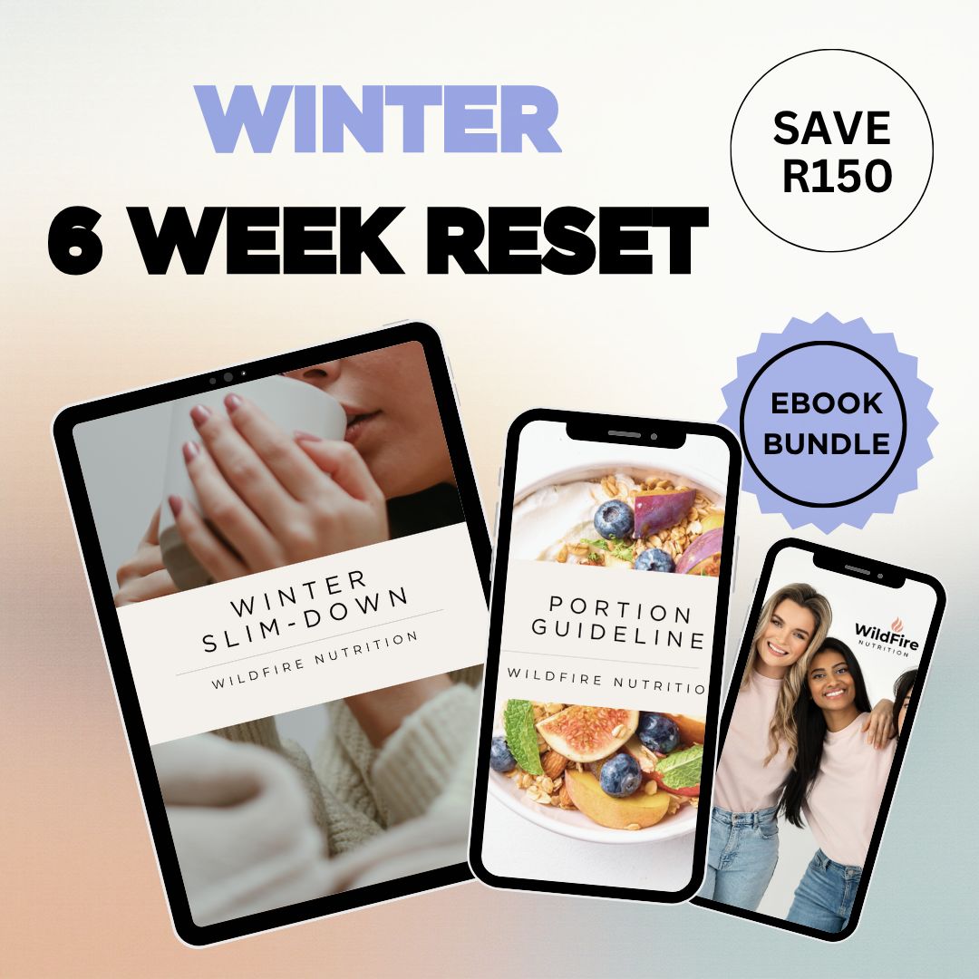 Promotional graphic for a 'Winter 6 Week Reset' program with digital content on screens.