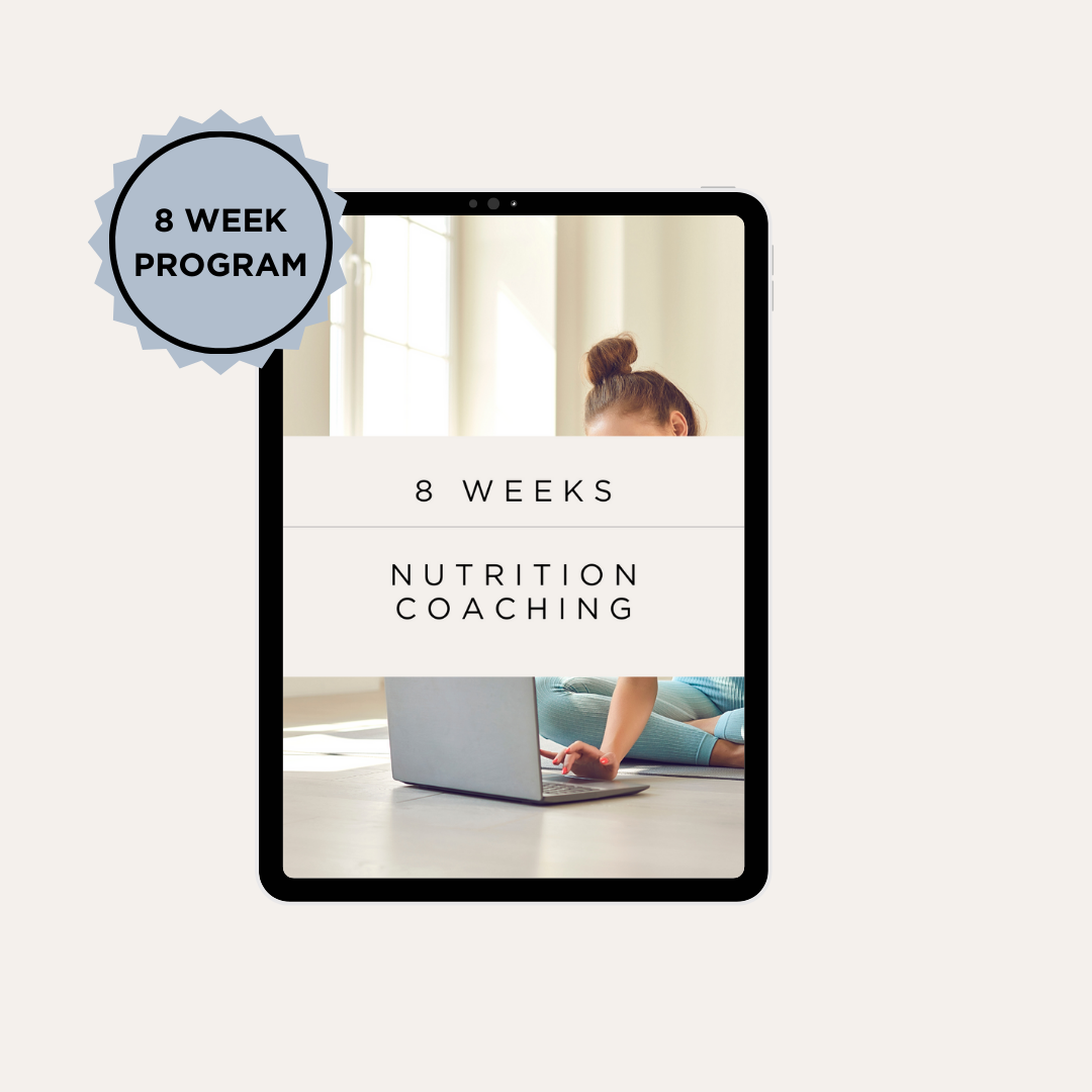 Digital tablet displaying an '8 Week Nutrition Coaching' program on a white background