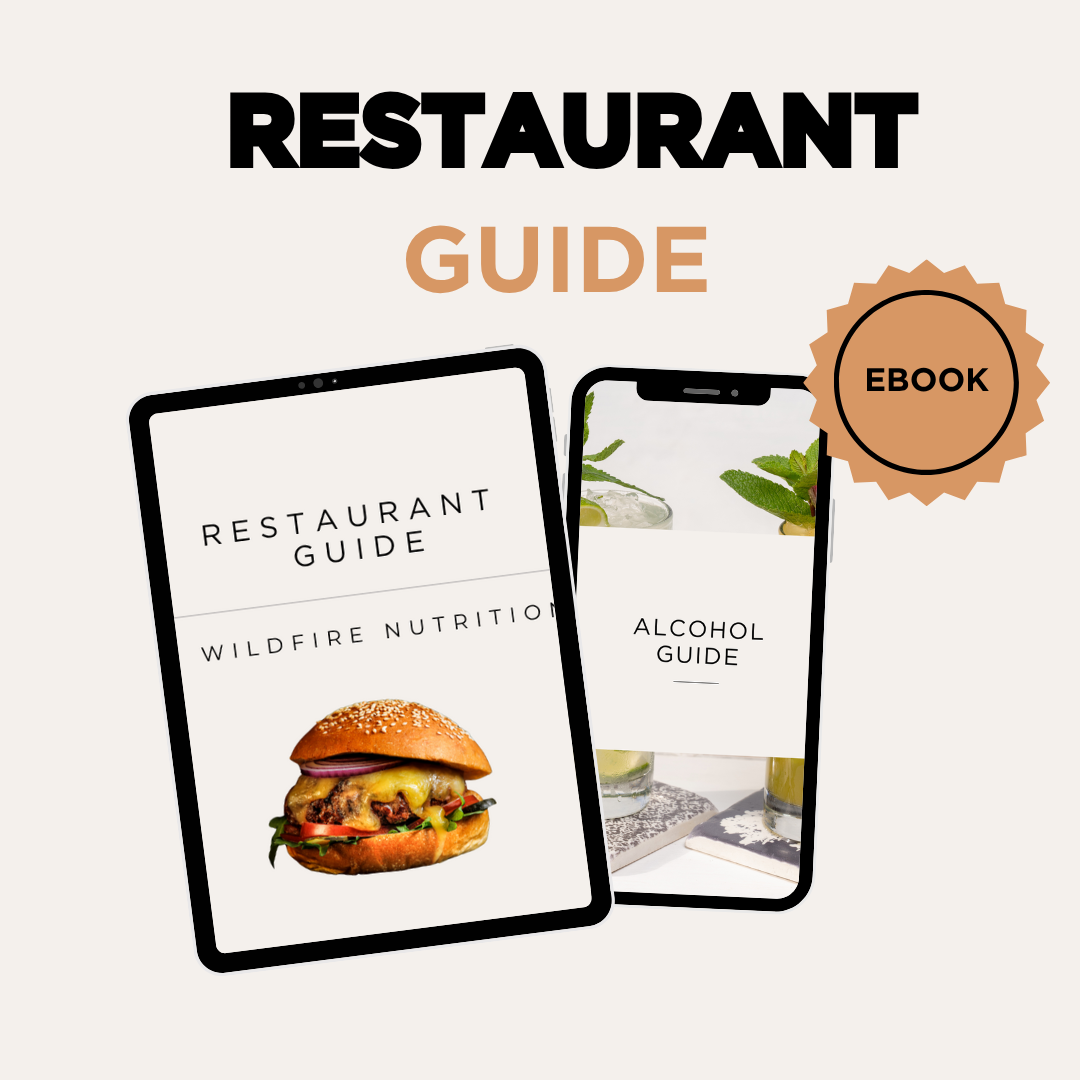 Restaurant guide eBook on a digital device, featuring the brand 'Wildfire Nutrition'.
