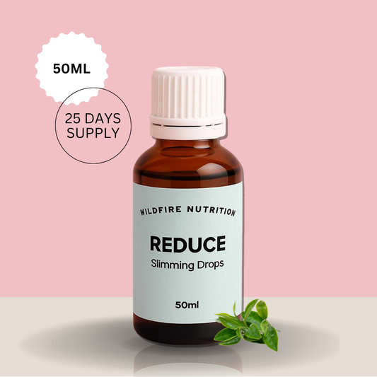 Bottle of Wildfire Nutrition Reduce Slimming Drops with a pink background