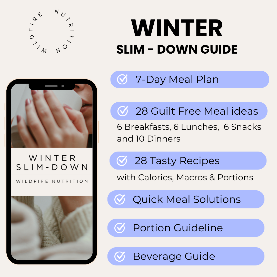 Winter slim-down guide with meal plan and recipe features on a smartphone screen.