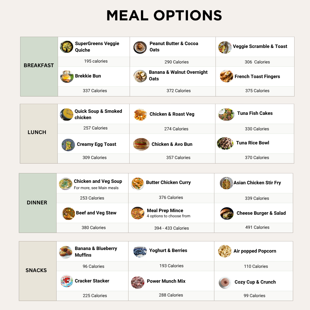 Meal options with breakfast, lunch, dinner, and snack categories displayed on a white background.