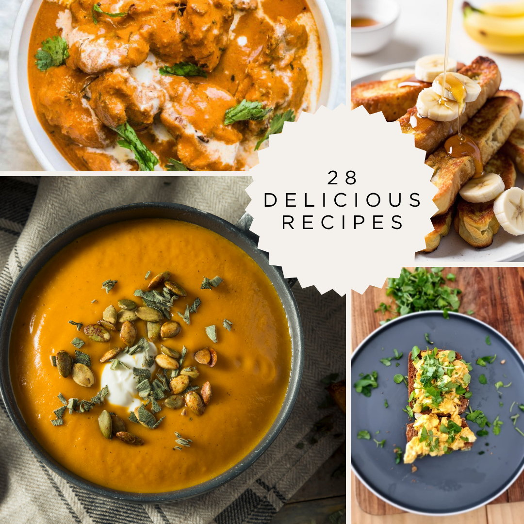 Collage of four food images with text overlay '28 Delicious Recipes'.