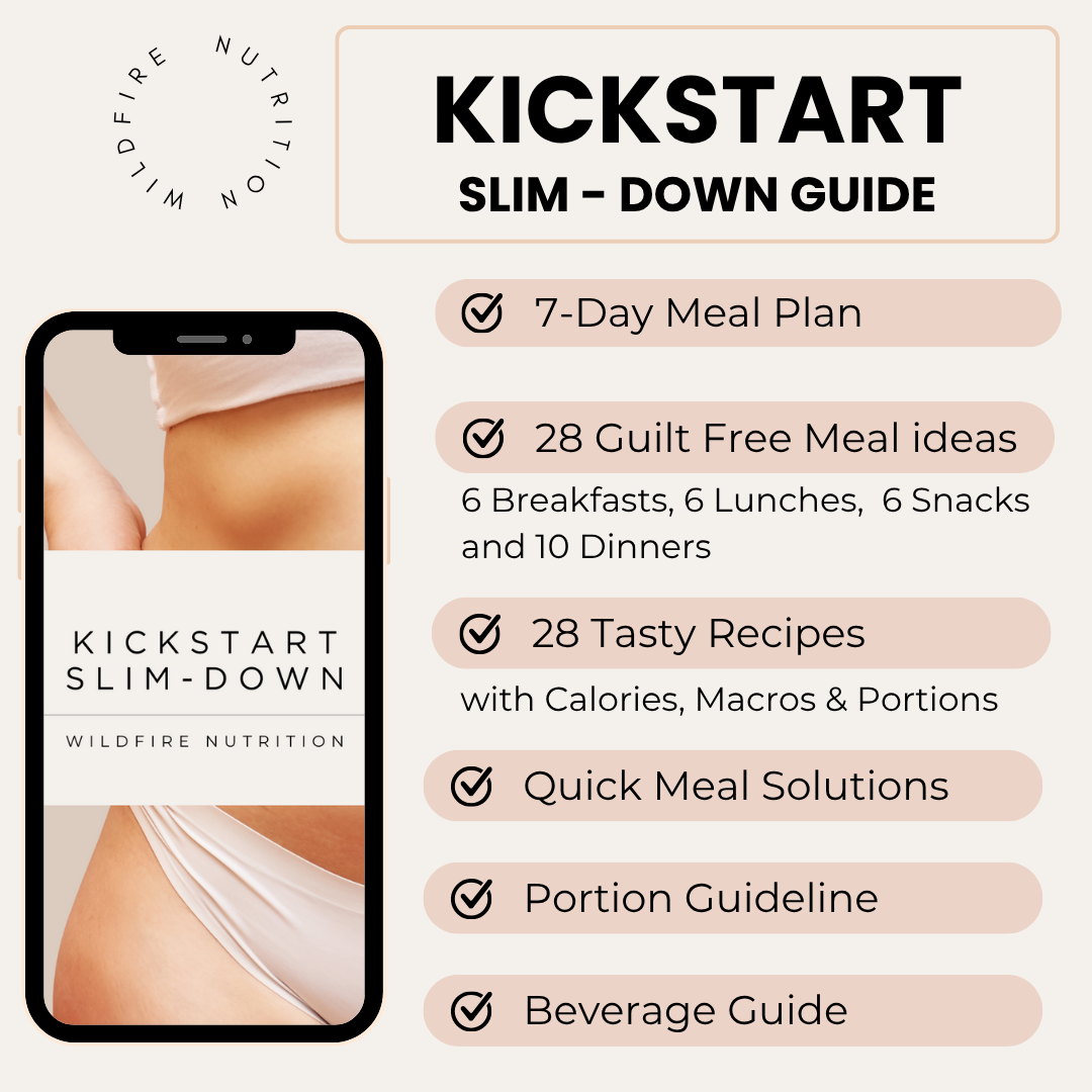 Promotional graphic for 'Kickstart Slim-Down' meal plan guide by Wildfire Nutrition.