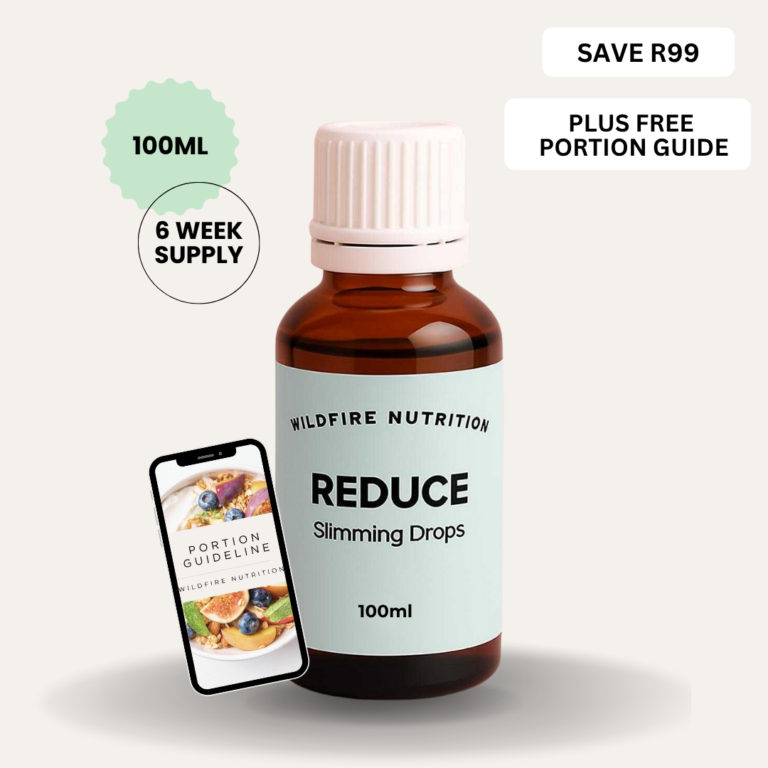 Bottle of Wildfire Nutrition Reduce Slimming Drops with a smartphone displaying a portion guide app on a white background.