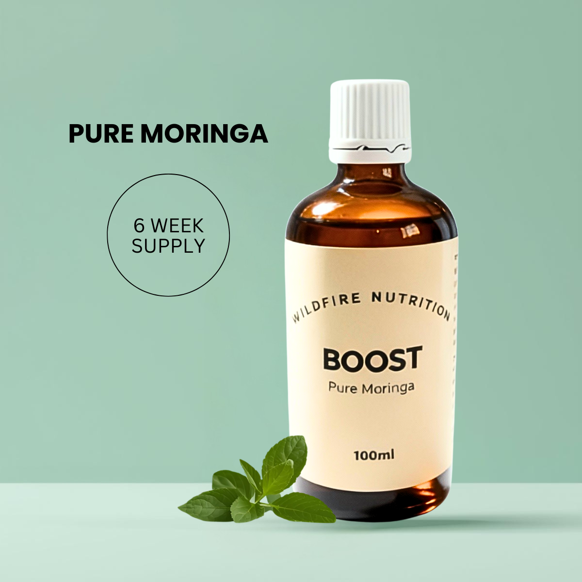 Bottle of Boost Pure Moringa supplement with a green Moringa leaf on a light green background