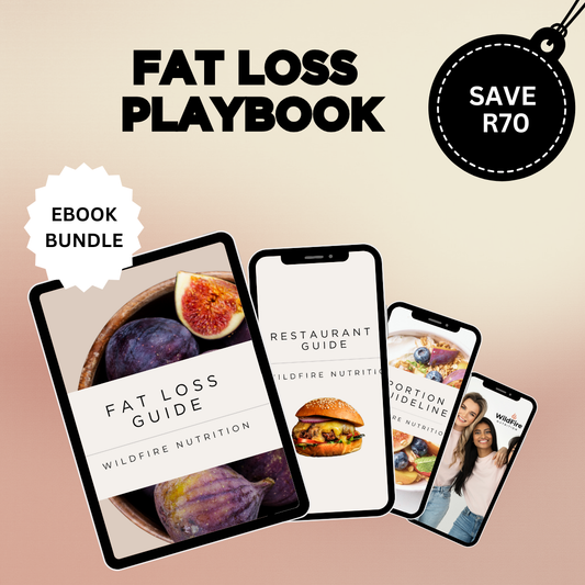 Ebook bundle for fat loss with smartphone screens displaying different guides on a beige background. Wildfire Nutrition eBook. Holiday Sale.