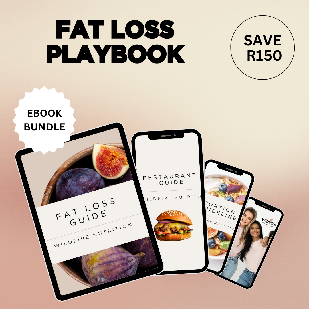 eBook bundle for fat loss with smartphone screens displaying different guides on a beige background. Wildfire Nutrition eBook. Holiday Sale.