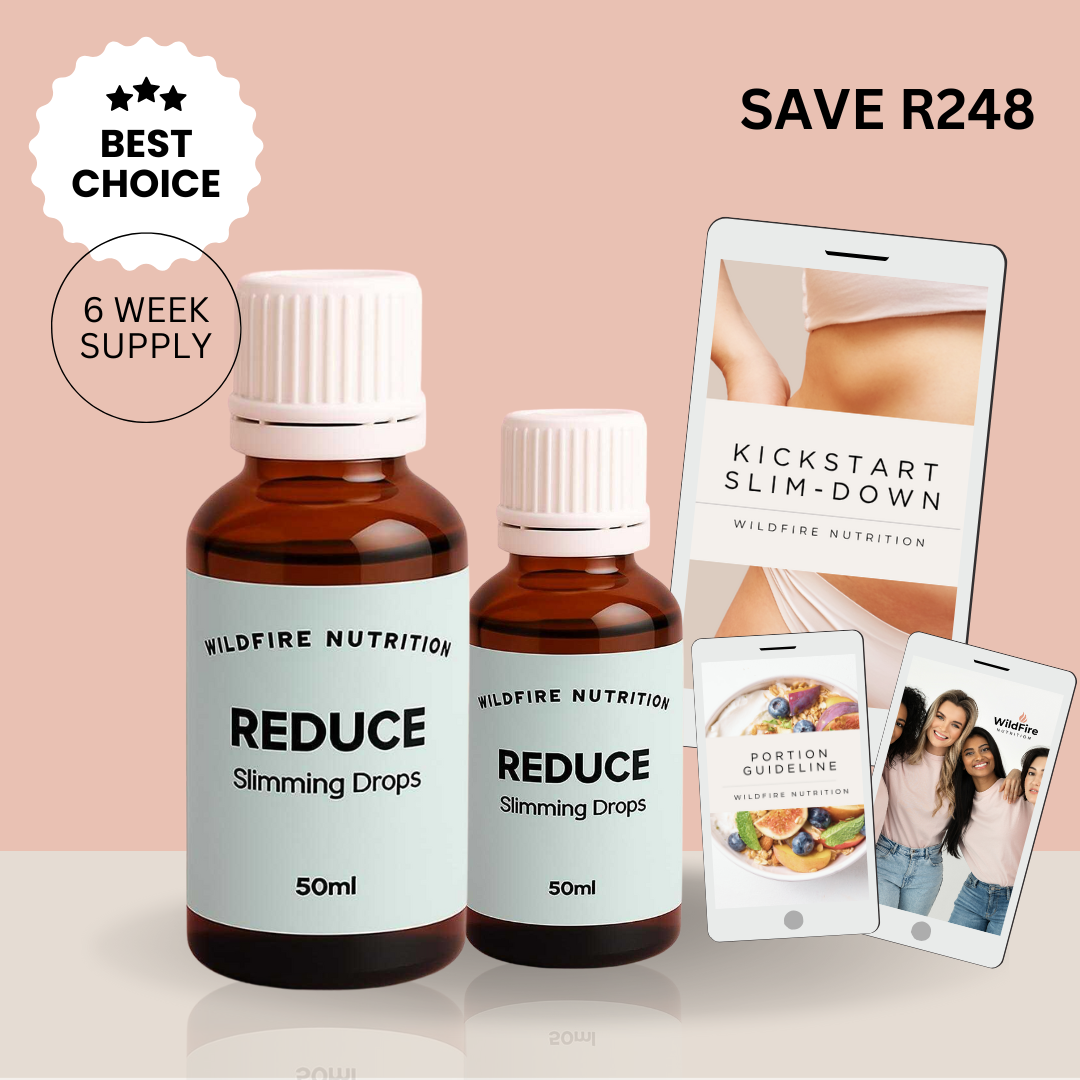 Two bottles of Wildfire Nutrition Reduce Slimming Drops 50ml bundle with supplementary eBooks. kickstart   slim-down plan. Slim-down Program that includes a Meal Plan, Grocery List, 28 recipes as well as a Portion Guideline. portion Guideline.  6 week supply. 