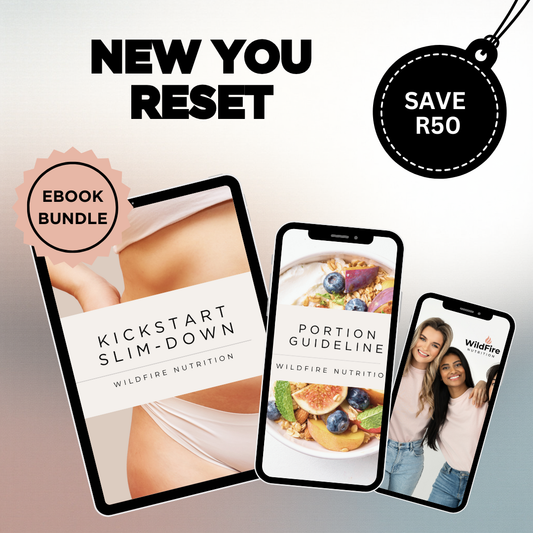 Promotional graphic for 'New You Reset eBook Bundle' with three smartphone screens displaying health-related content. Wildfire Nutrition ebook. Holiday Sale.
