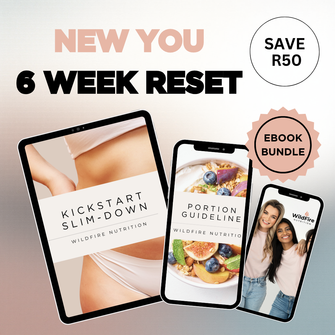 Promotional graphic for 'New You Reset eBook Bundle with three smartphone screens displaying health-related content. Wildfire Nutrition ebook. 