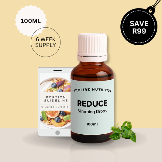Bottle of Wildfire Nutrition Reduce Slimming Drops with portion guideline leaflet on a beige background. Holiday Sale