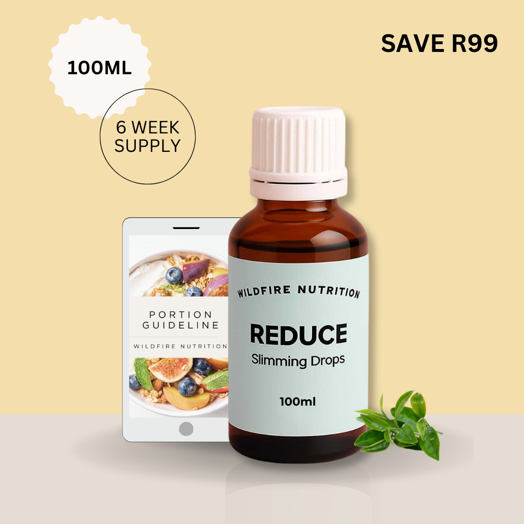 Bottle of Wildfire Nutrition Reduce Slimming Drops with portion guideline leaflet on a beige background.