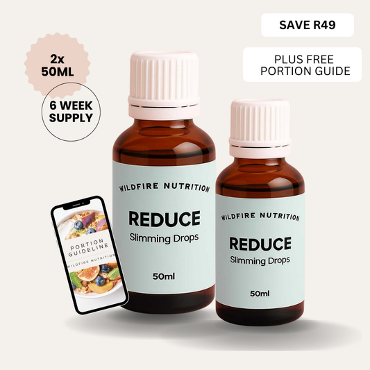 Two bottles of Wildfire Nutrition Reduce Slimming Drops with a smartphone displaying an app on a light gray background.