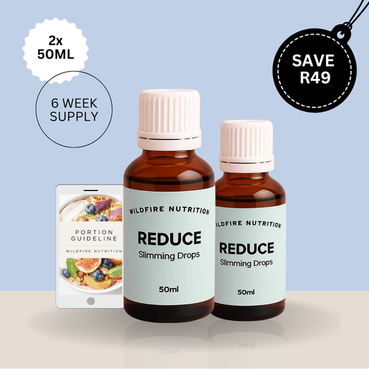 Two bottles of Wildfire Nutrition Reduce Slimming Drops 50ml with promotional text on a light blue background. 6 week supply. Holiday Sale.