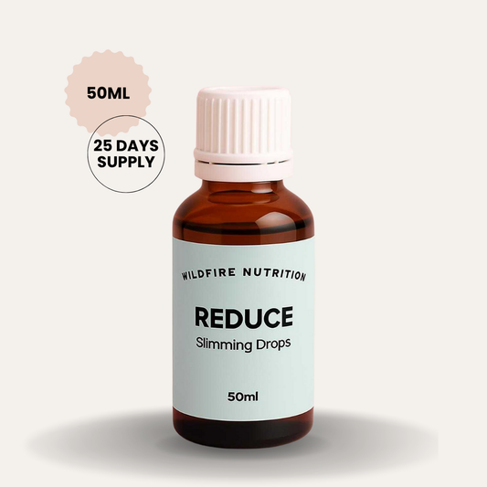 Bottle of Wildfire Nutrition Reduce Slimming Drops 50ml on a light gray background