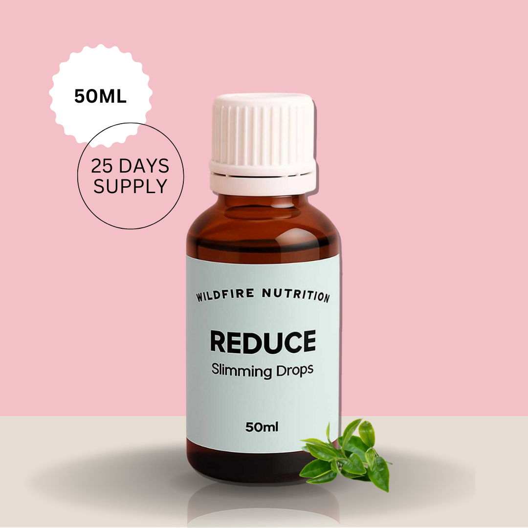 Bottle of Wildfire Nutrition Reduce Slimming Drops with a pink background. 25 days supply. 50ml