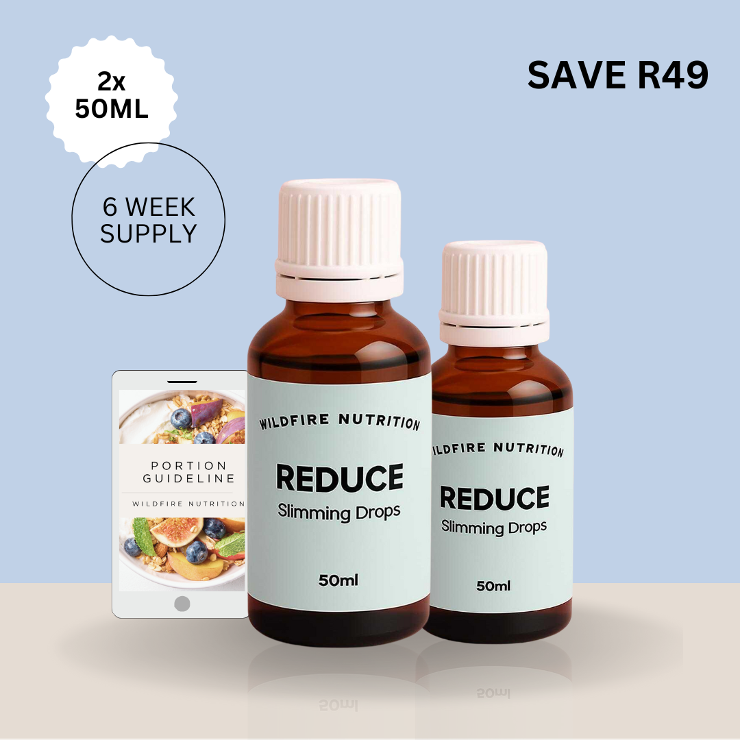 Two bottles of Wildfire Nutrition Reduce Slimming Drops 50ml with a portion guideline poster on a light blue background.