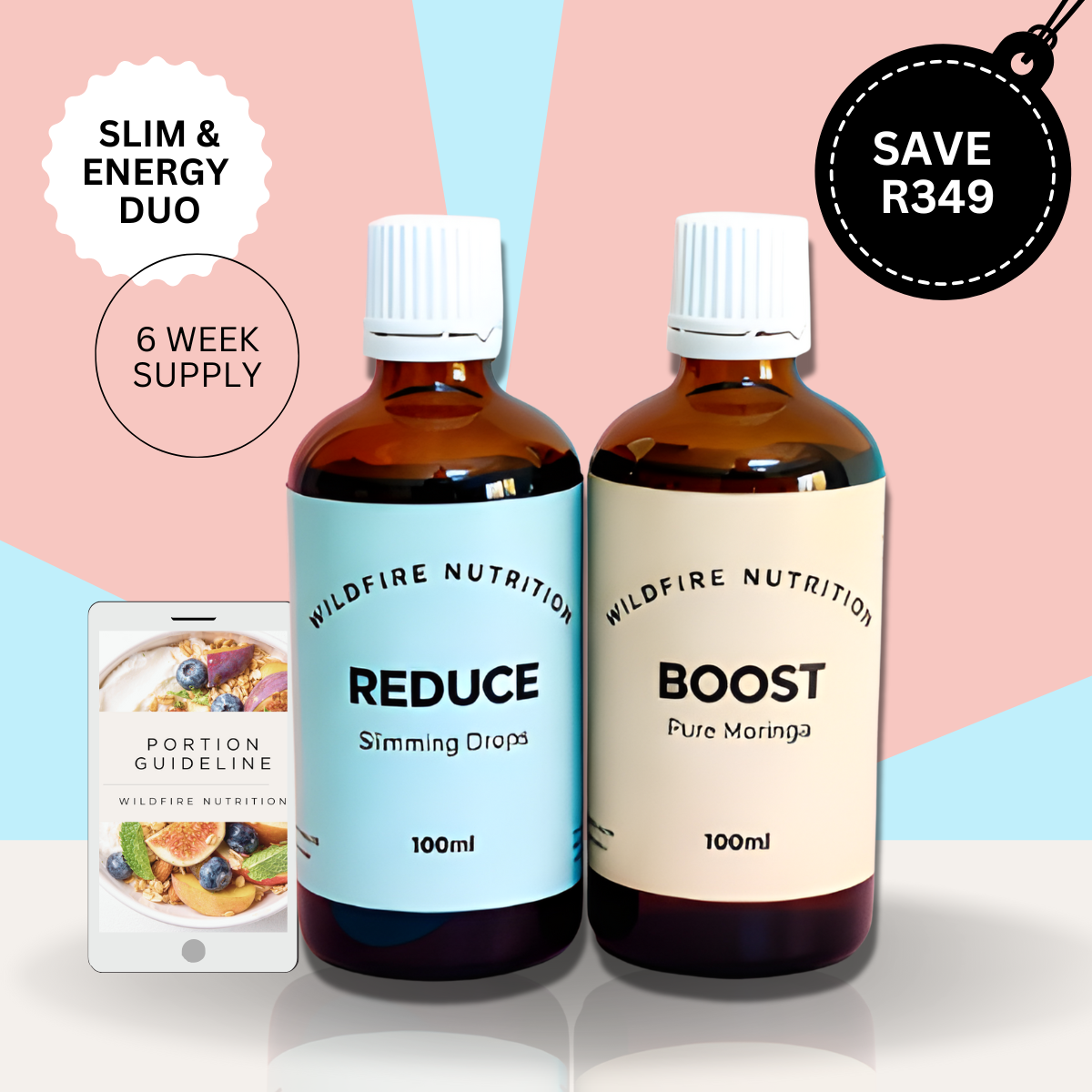 Two bottles of Wildfire Nutrition products on a colorful background with promotional text. holiday sale. reduce slimming drops. boost pure moringa energy drops.