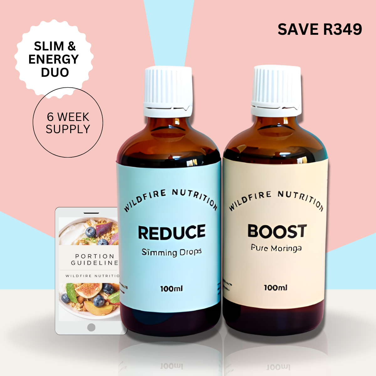 Two bottles of Wildfire Nutrition drops on a colorful background with promotional text. Reduce Slimming Drops. Boost Pure moringa. 