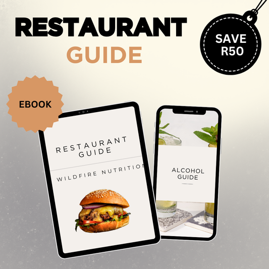 Restaurant guide eBook with smartphone and tablet displaying alcohol guide on a gray background. wildfire Nutrition. Holiday Sale.