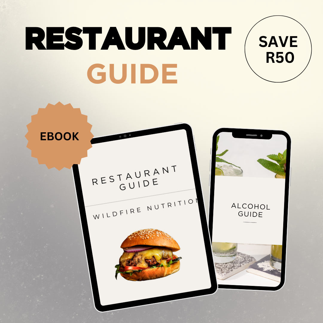 Restaurant guide eBook with smartphone and tablet displaying alcohol guide on a gray background. wildfire Nutrition. 