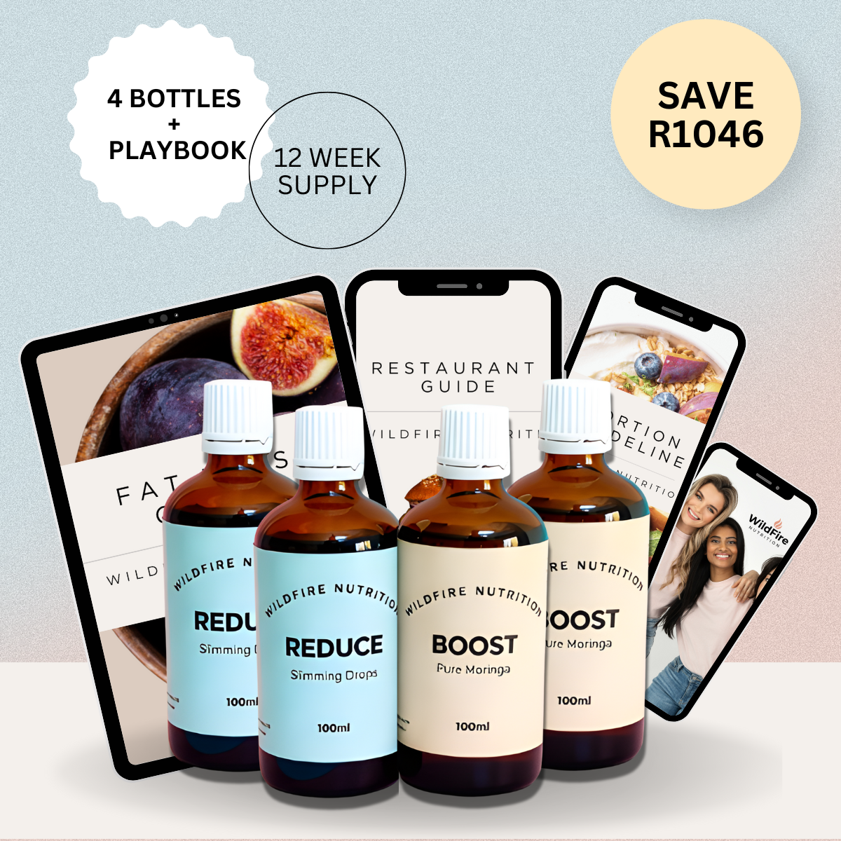 Four bottles of Wildfire Nutrition products with digital guides on a light blue background. Reduce Slimming Drops. Boost pure moringa. 