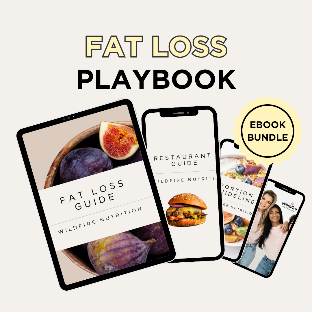 Ebook bundle for fat loss with smartphone screens displaying different parts of the bundle on a white background.